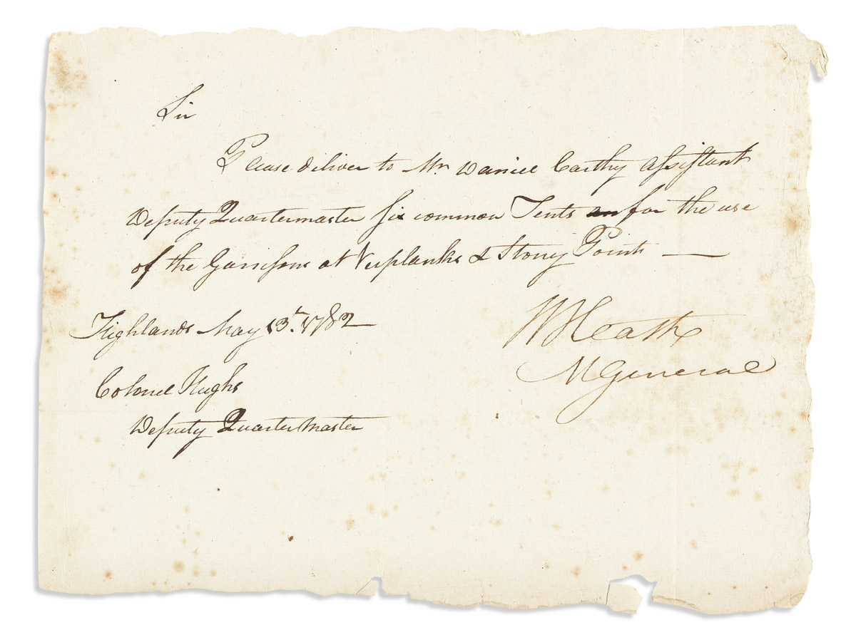 (REVOLUTIONARY WAR.) HEATH, WILLIAM. Brief Letter Signed, WHeath / MGeneral, to Deputy Quartermaster Hugh Hughes: